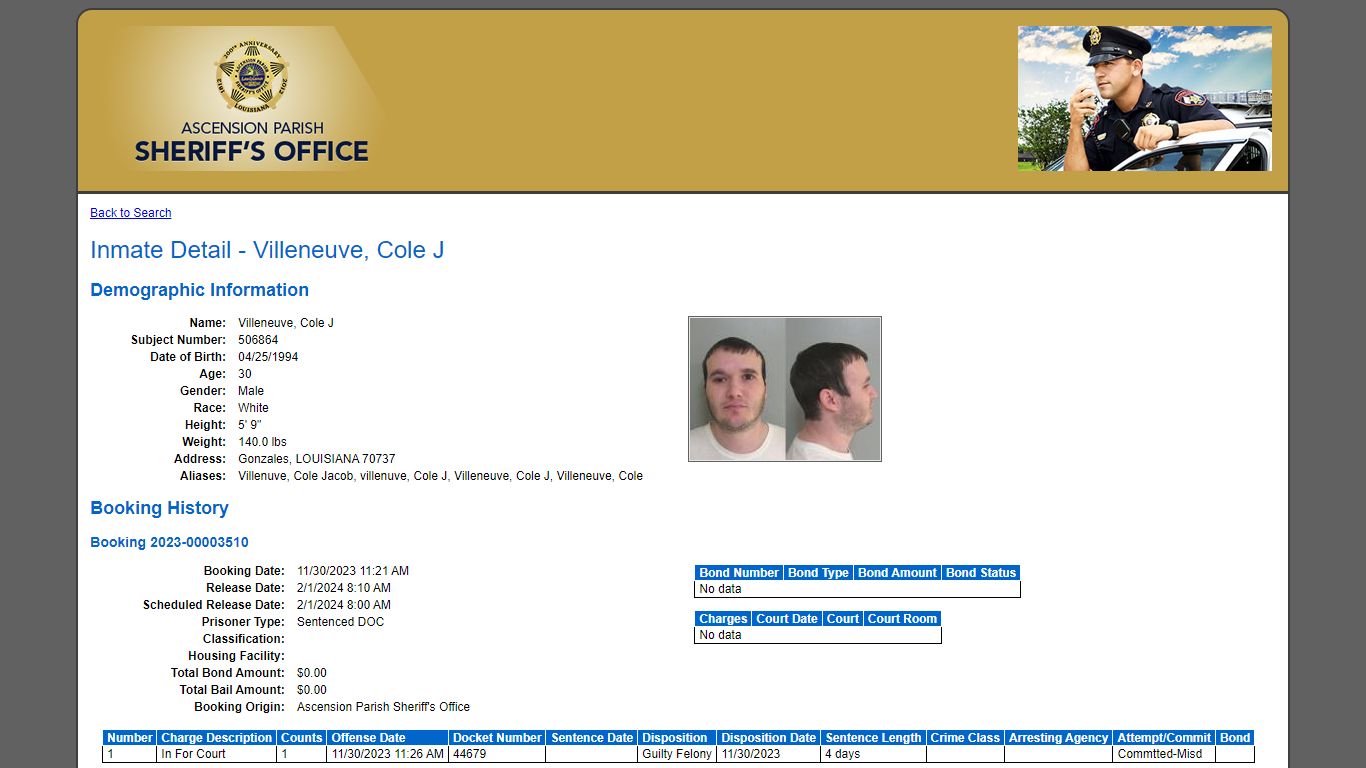 Inmate Detail - Villeneuve, Cole J - Ascension Parish